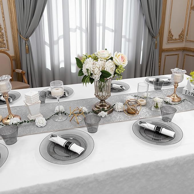 DaYammi 350 Pieces Black Glitter Dinnerware Set 50 Guest for Party- 50 Dinner Plates, 50 Dessert Plates -50 Per Rolled Napkins with Black Cutlery - 50 Disposable Cups 9 OZ