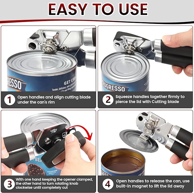Can Opener Manual with Magnet, Vayvnt Heavy Duty Stainless Steel Can Opener Smooth Edge, Rubber Grip Handle & Easy Turn Knob, Multifunctional Kitchen Gadget for Seniors, Sharp Cutting Blade, Black