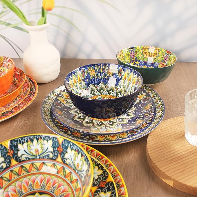 Mandala Dinnerware Sets (16 PCS) Serves for 4, Porcelain Dishes Set, Microwave and Dishwasher Safe, Scratch Resistant, Bohemian Style Dining Ware Service for 4, Colorful No.3