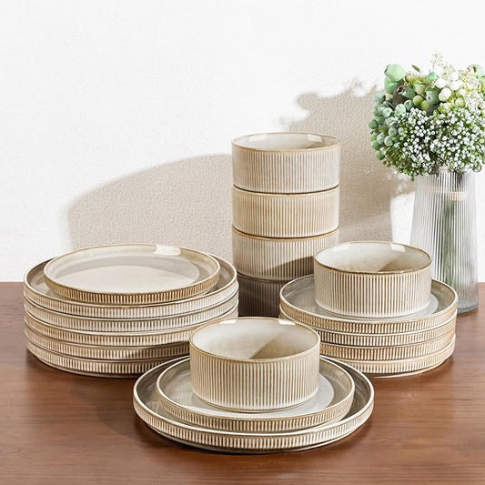 GBHOME Stoneware Dinnerware Sets for 4,Round Reactive Glaze Ceramic Plates and Bowls Set,Highly Scratch Resistant | Dishwasher & Microwave Safe Dishes Set,Service for 4(12Pcs)，Cappuccino