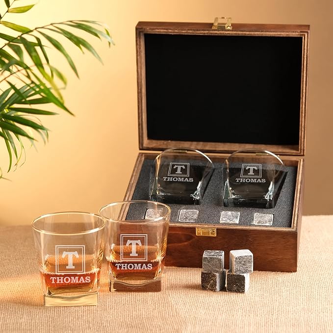 Personalized Whiskey Glasses Gift Set with Engraved Wooden Box and Whiskey Stones – Custom Whiskey Glassware for Men & Whiskey Lovers