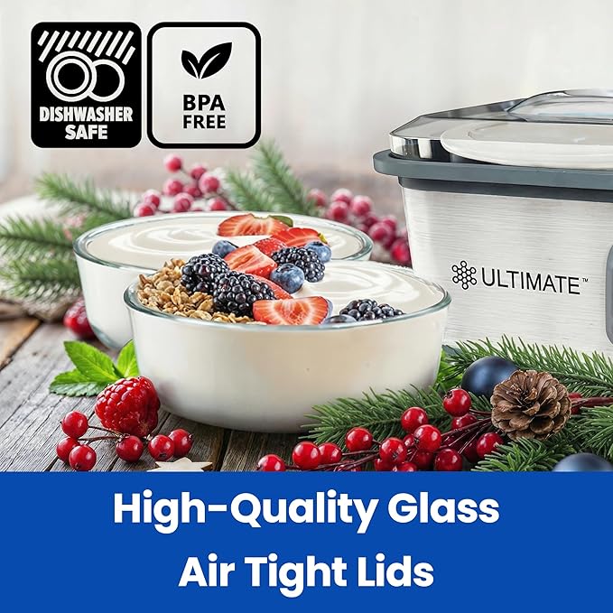 Ultimate Yogurt Containers 2 Pack - Make More Yogurt with 1-Quart Glass Containers (4 Cup) - Perfect for Food Storage & Meal Prep - 100% BPA free & Oven Safe Round Bowl Set with Lids