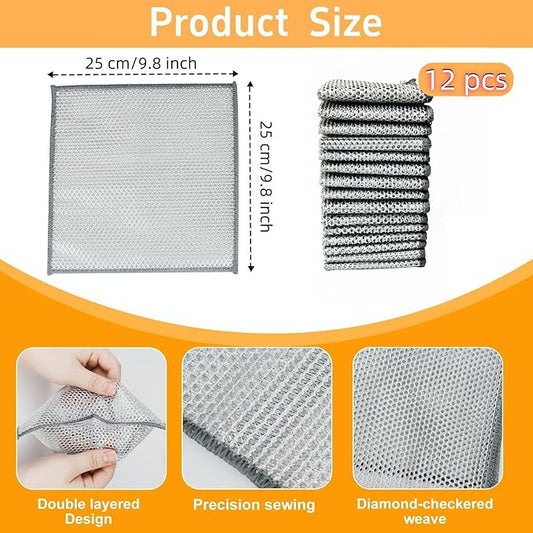 Extra-Large Size 12PCS Multipurpose Wire Dishwashing Rag,Non Scratch Wire Dishcloth, Reusable Steel Wool Scrubber,Non-Scratch&Quick-Drying&Odor-Resistant Multi-Purpose for Kitchen,Bathroom Cleaning