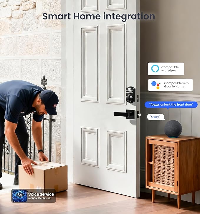Veise VE012W-L Built-in WiFi Fingerprint Smart Lock with Lever Handle Set, App Remote Control, Keyless Entry for Front Door, Deadbolt Digital Backlit Keypad, Voice Assistant, Auto Lock, Matte Black