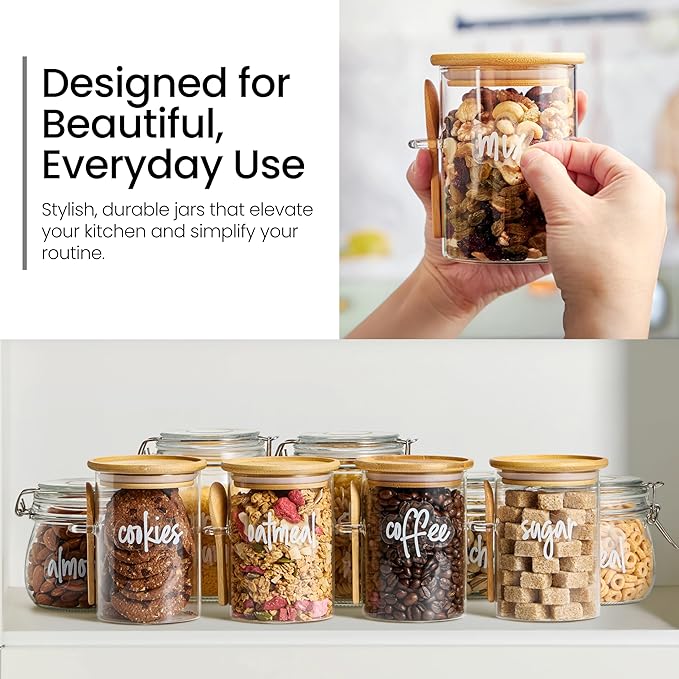 Talented Kitchen Glass Food Storage Containers with Lids - 4-Pack 17 oz Glass - Stackable Kitchen Jars for Pantry, Spice Jars & Coffee Containers for Countertop - Attached Spoons & 157 Labels