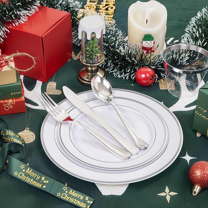 bUCLA 300PCS Silver Disposable Plastic Dinnerware Set - 50 Guests White Silver Disposable Plates Include 50 Dinner Plates,50 Dessert Plates,50 Knives,50 Forks,50 Spoons,50 Cups for Party & Christmas