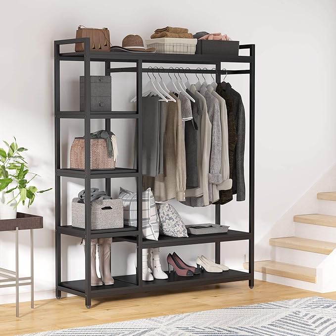 Tribesigns Free-standing Closet Organizer with 6 Storage Shelves and Hanging Bar, Large Standing Clothes Garment Rack（Black）