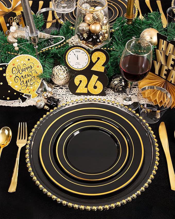 bUCLA 150 Pieces Black and Gold Disposable Dinnerware Set - 25 Guests Black Gold Plastic Plates Include 25 Dinner & 25 Dessert Plates, 25 Spoons, 25 Forks, 25 Knives, 25 Cups for Party & New Year