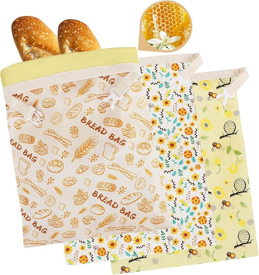 3-Pack Reusable Beeswax Bread Bags - Large 17x13 Inch for Sourdough & Homemade Bread Storage | All-Natural Beeswax Preservation, Eco-Friendly Cotton Food Bags - Easy to Clean & Daily Use
