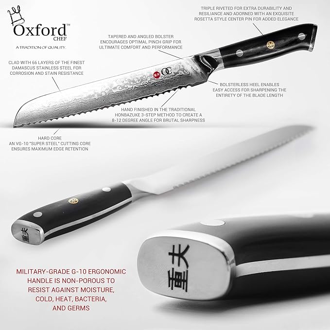 Oxford CHEF Bread Knife 8 inch Serrated Damascus- Japanese- VG10 Super Steel 67 Layer High Carbon Stainless Steel-Razor Sharp, Stain & Corrosion Resistant, & Awesome Edge Retention