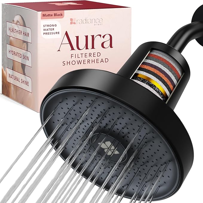 Shower Filter Head for Hard Water Improves Skin, Hair, and Nails - Large, High Output Filtered Shower Head with Filter Softens Water and Removes Chlorine and Heavy Metals, Matte Black