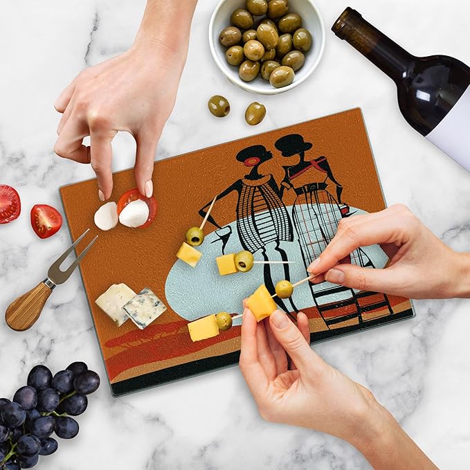 Ambesonne African Cutting Board, Desert Sunset Scenery Women with Trees Picture, Decorative Tempered Glass Cutting and Serving Board, Small Size, White Orange Black