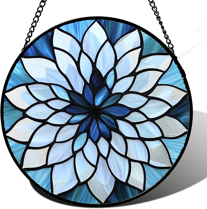 Stained Glass Suncatcher, Blue White Multi-Petal Flowers Sun Catcher Landscape Stain Glass Window Hanging Decoration Mother's Day Birthday Gifts for Women Men Mom Nana 15 in
