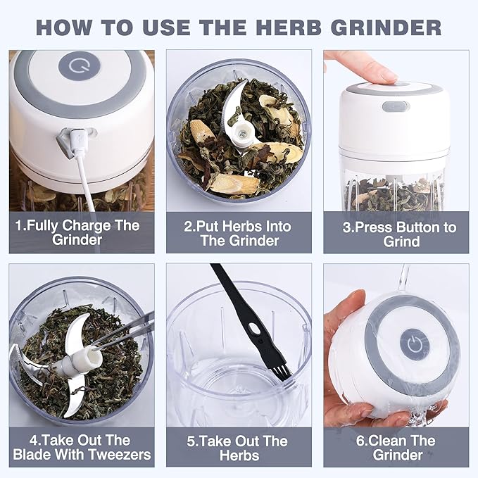 Electric Herb Grinder, 3.5 Inch Large Grinders for Grinding Dry Fresh Herbs and Spice with Clear Chamber, Portable USB Charge Herb Grinder, Including Clean Brush and Tweezers, Gift Box, White
