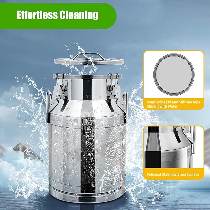 Milk Can Stainless Steel Containers with Lids Old Fashion Milk Jug Metal Bucket with Practical Handles, Sealed Bucket for Milk Water Wine Honey Oil Rice Tea Beans Grains (30L/7.93Gal)