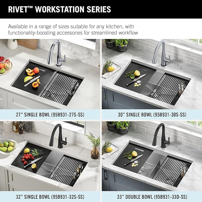 DELTA FAUCET Rivet 30-Inch Workstation Kitchen Sink Undermount 16 Gauge Stainless Steel Single Bowl with WorkFlow Ledge and Chef’s Kit of 6 Accessories, 95B931-30S-SS