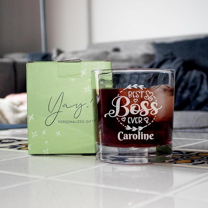 Personalized Boss Gifts for Men, Custom Whiskey Glass with Engraved Name, Birthday Farewell Retirement Christmas Boss Day Gift for Coworkers Staff Leader Office Decor