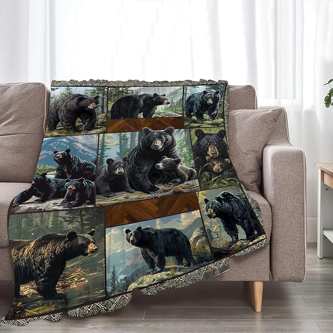 Black Bear Blanket Wild Animal Throw Blanket Cozy Plush Fleece Flannel Bear Blankets Lightweight Fuzzy Party Gifts for Girls Boys Women Men 60"X50"