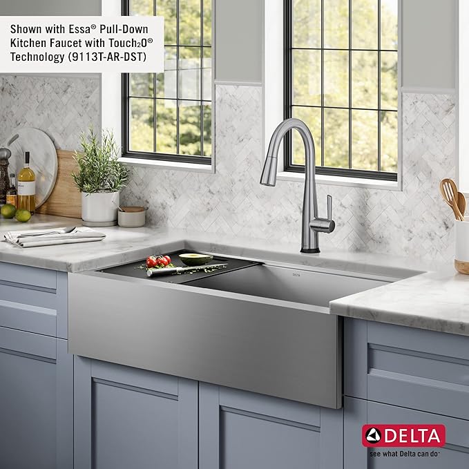 DELTA FAUCET Rivet 36-inch Workstation Farmhouse Apron Front Kitchen Sink Undermount 16 Gauge Stainless Steel Single Bowl with WorkFlow Ledge and Kit of 5 Accessories, 95C9031-36S-SS