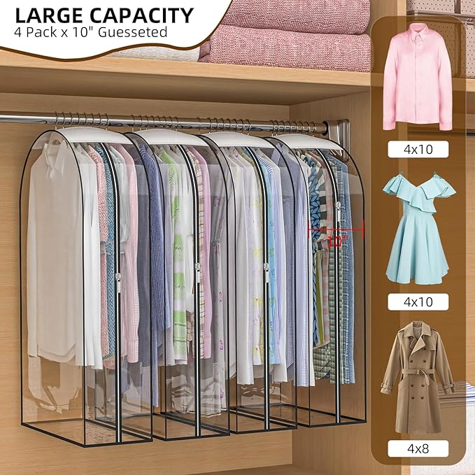 Upgraded Thickened Clear Garment Bags for Hanging Clothes 4 Packs, 10“ Gusseted and 40" Clothes Protectors for Hanging Clothes for Closet, Shirts, Coats, Dresses