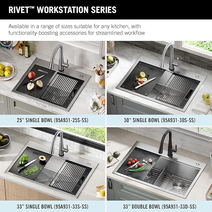 DELTA FAUCET Rivet 33-Inch Workstation Kitchen Sink Drop-In Top Mount 16 Gauge Stainless Steel 50/50 Double Bowl with WorkFlow Ledge and Chef’s Kit of 8 Accessories, 95A931-33D-SS