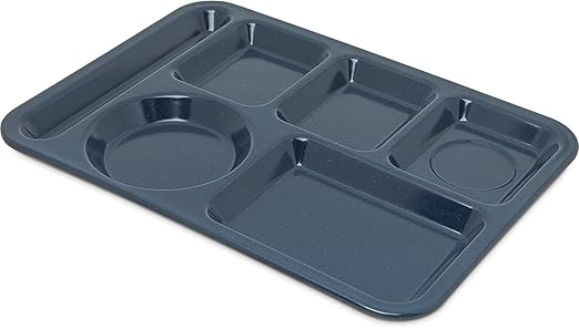 Carlisle FoodService Products Plastic Meal Tray Left-Handed Heavyweight Lunch Tray with 6-Compartments for Schools, Cafeterias, and Dining Halls, Melamine, 14 x 10 Inches, Café Blue