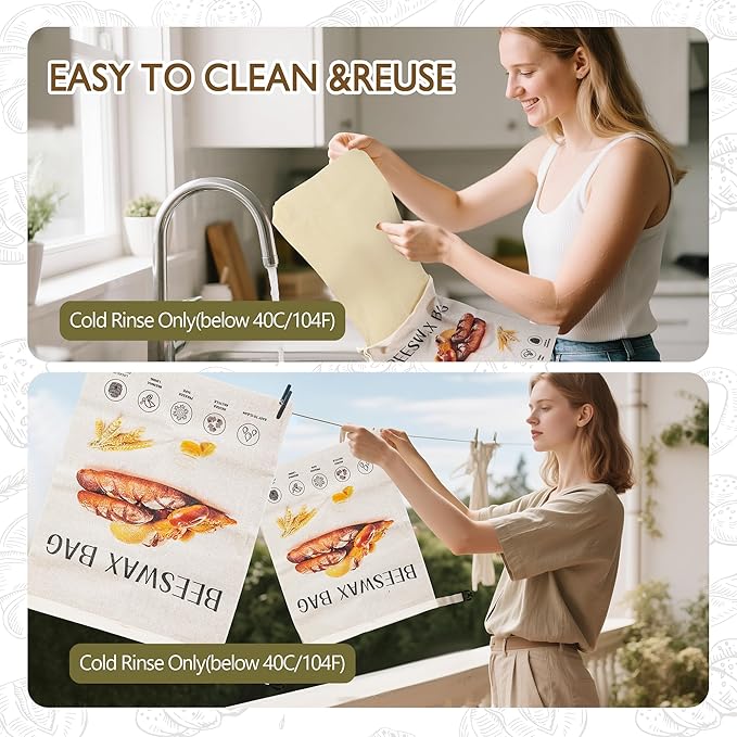 2-Pack Reusable Beeswax Bread Bags for Homemade Bread Sourdough, 2 Natural Beeswax 100% Linen Moisture-proof Lined Storage Bags with Buckle& 1 Bowl Covers –Keeps Bakes Fresh Longer (Bread print color)