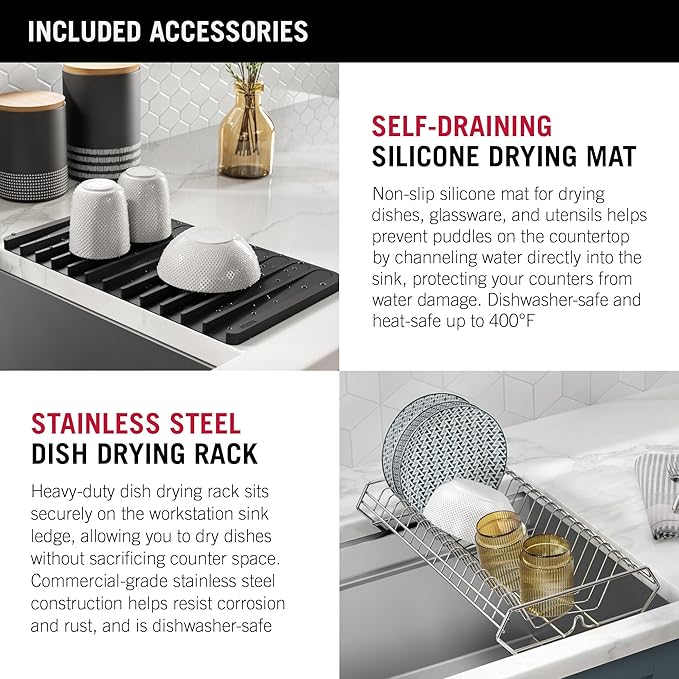 DELTA FAUCET Rivet 45-inch Workstation Kitchen Sink Undermount 16 Gauge Stainless Steel Single Bowl with 2-Tier WorkFlow Ledge and Chef’s Kit of 11 Accessories, 95BA131-45S-SS