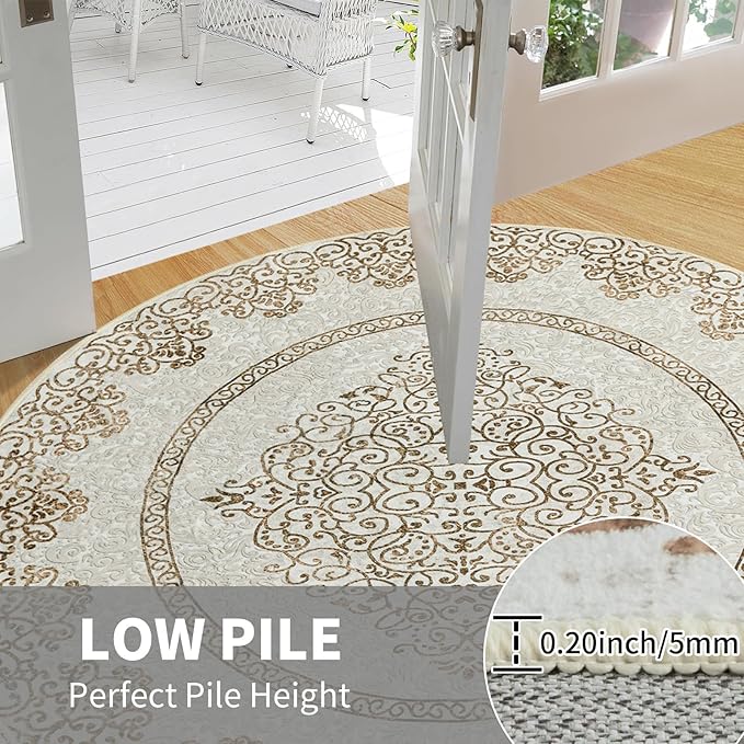 Easy-Going Round Rug 6ft Area Rug Washable Boho Neutral Circle Rugs for Living Room Non-Slip Bedroom Rug Low Pile Lightweight Floral Brown Print Vintage Throw Rug for Dining Room Kitchen Home Office