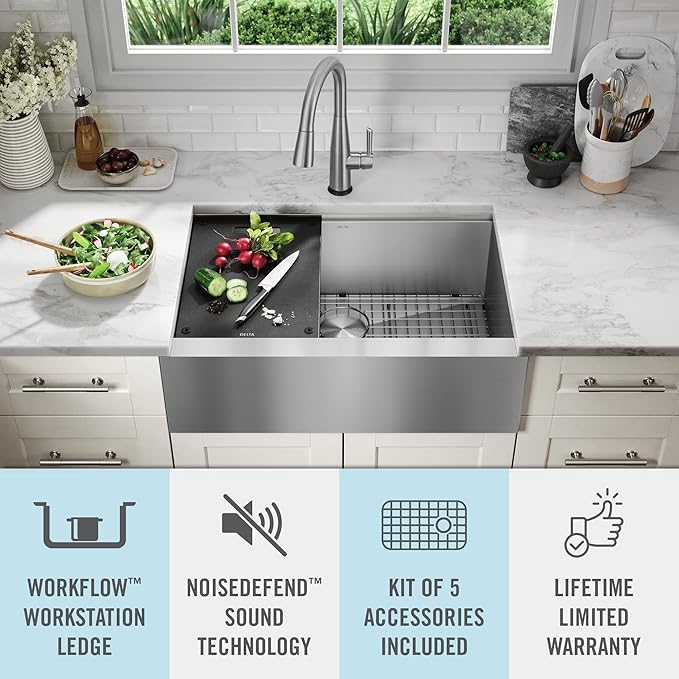 DELTA FAUCET Rivet 30-inch Workstation Farmhouse Apron Front Kitchen Sink Undermount 16 Gauge Stainless Steel Single Bowl with WorkFlow Ledge and Kit of 5 Accessories, 95C9031-30S-SS