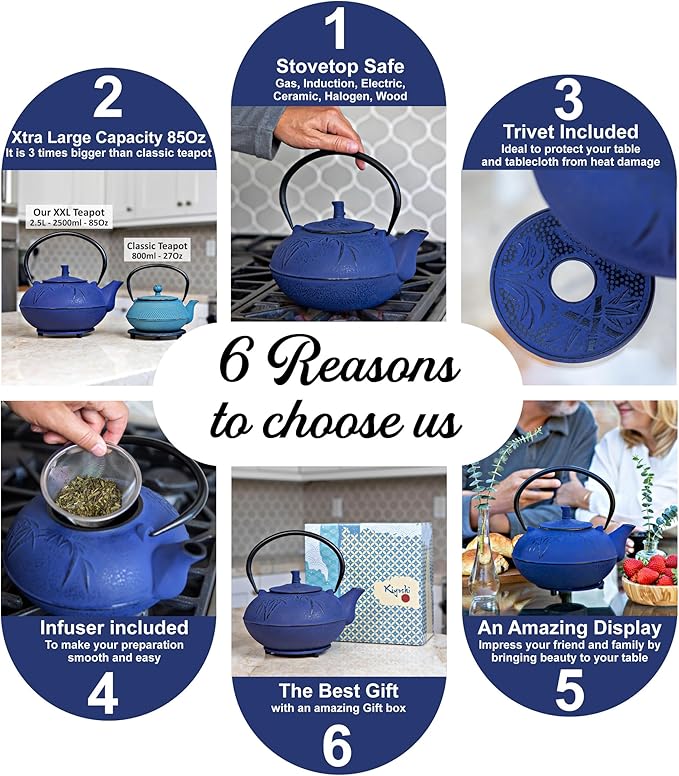 XXL Japanese Cast Iron Teapot with Infuser & Matching Trivet - Large 85 Oz/2500ml Tetsubin Loose Leaf Tea Pot with Enamel Interior - Handcrafted Big Cast Iron Tea Kettle Humidifier Set - Blue