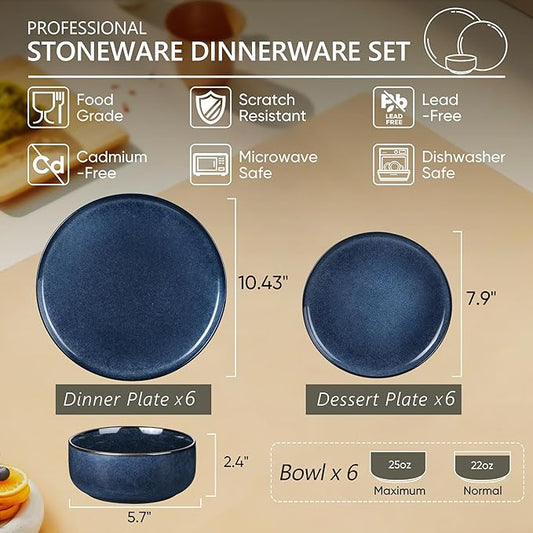 Herogo 18 Pieces Stoneware Dinnerware Sets Service for 6, Dinner Plates and Bowls Sets, Double Reactive Glaze Dishes Set for Kitchen, Scratch Resistant, Microwave & Dishwasher Safe, Starry Blue