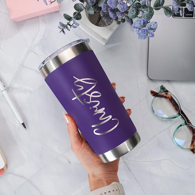Personalized Tumblers, Stainless Steel 20 oz Tumbler w/Lid |13 Different Designs| Personalized Cups Double Walled Insulated Coffee Cup for Travel - Purple