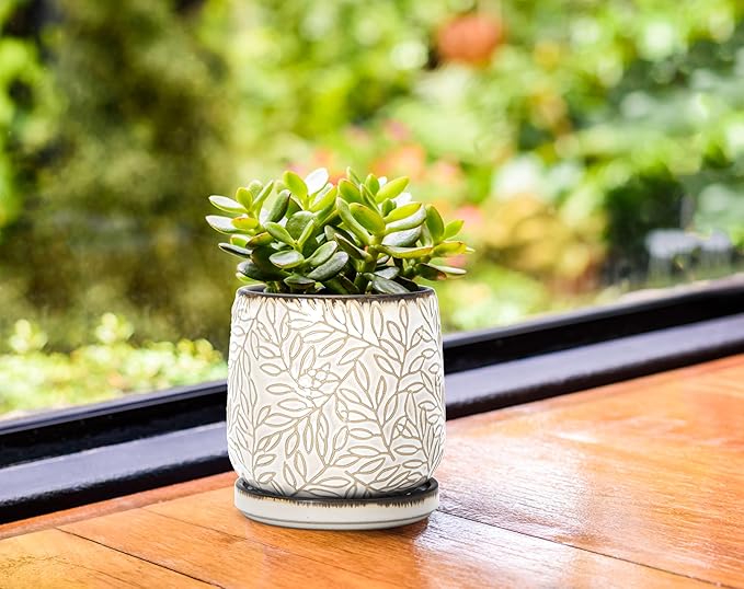 D'vine Dev 4 Inch Embossed Leaves Stoneware Planter Pot with Drainage Hole and Saucer, Smoked White, Set of 2, 27-F-Z-1