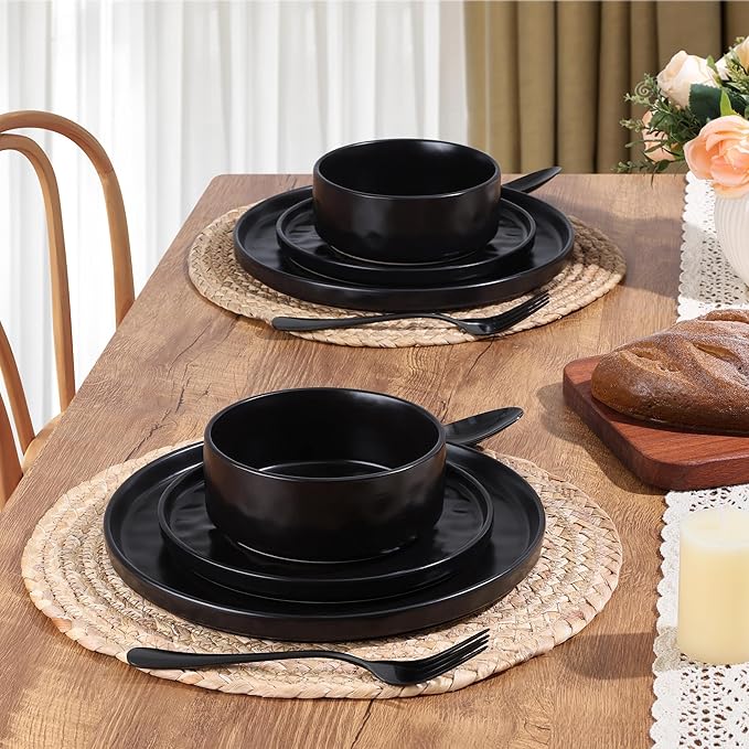 LIANYU 18 Piece Dinnerware Dishes Sets for 6, Stoneware Plates and Bowls Dishware Set, Ceramic Dinning Ware Includes Dinner Salad Plates, Cereal Bowls, Chip & Scratch Resistant, Obsidian Matte Black