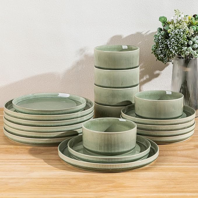 GBHOME Stoneware Dinnerware Sets for 4,Round Reactive Glaze Ceramic Plates and Bowls Set,Highly Scratch Resistant| Dishwasher & Microwave Safe Dishes Set,Service for 4(12Pcs)，Olive Green