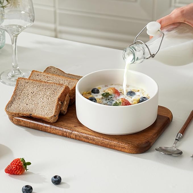 Stoneware Cereal Bowls Set of 4, 6 Inch Deep Bowl for Oatmeal, Soup, Ceramic Bowls Sets, Microwave Safe, Dishwasher Safe, Versatile for All Seasons, Matte White