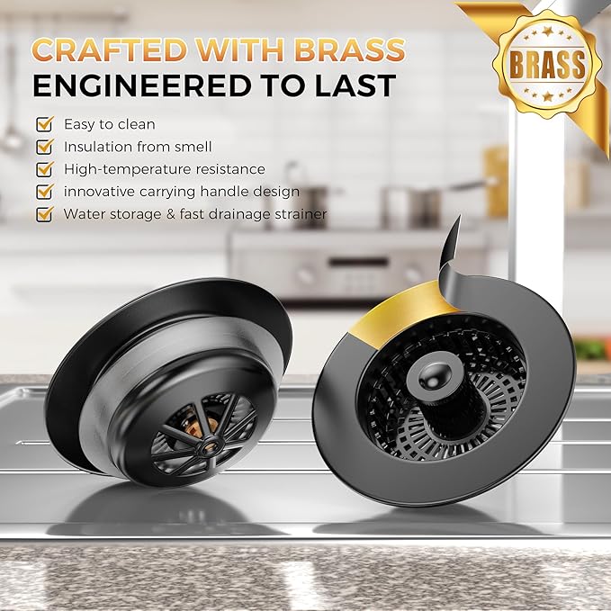 3 in 1 Kitchen Sink Strainer & Stopper, Pop Up Drain Plug for 3.5 Inch Sink – Anti-Clogging, Brass Core, Easy to Clean with Bonus Basket – Black – DIKSEFN