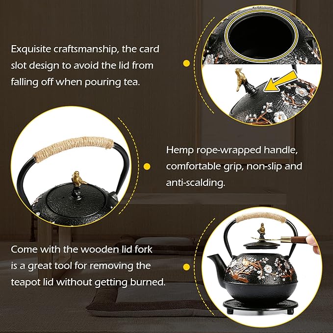Dyna-Living Cast Iron Teapot with Warmer Japanese Tea Kettle 720ml/24.5oz Japanese Cast Iron Teapot Set with 2 Tea Cups Tea Pot with Infuser Tea Kettle for Wood Stove or Stovetop