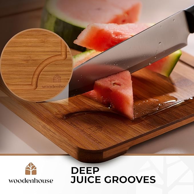 Wood Cutting Boards Set of 3 – Thick & Sturdy Bamboo Cutting Board with Deep Juice Grooves & Build-in Handles, Large Surface, Easy to Clean – for Meat, Vegetables and Fruits
