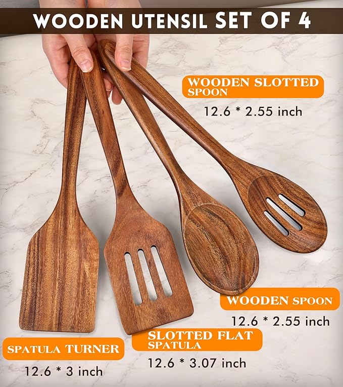 4Pcs Wooden Spatula for Cooking, Acacia Wooden Spatula for Kitchen Use, Nonstick Cookware Safe Utensils Set for Cooking, Mixing, Serving, Draining, Ideal Cooking Utensils Gift
