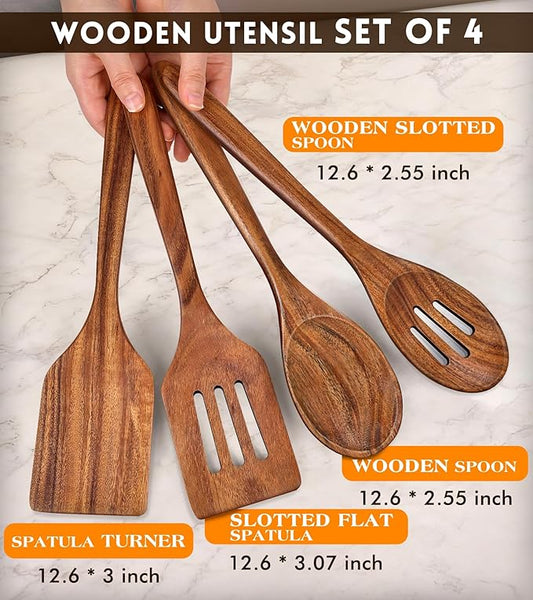 4Pcs Wooden Spatula for Cooking, Acacia Wooden Spatula for Kitchen Use, Nonstick Cookware Safe Utensils Set for Cooking, Mixing, Serving, Draining, Ideal Cooking Utensils Gift