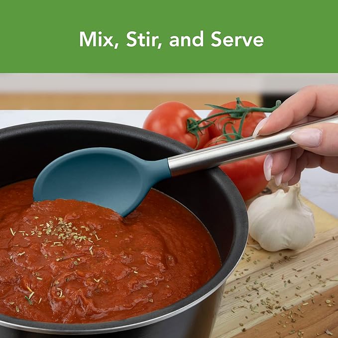 Tovolo Silicone Mixing Spoon with Stainless Steel Handle Blue Slate, Dishwasher Safe Heat Resistant Scratch Resistant Silicone Stirring Cooking Spoon for Nonstick Cookware Kitchen Utensils