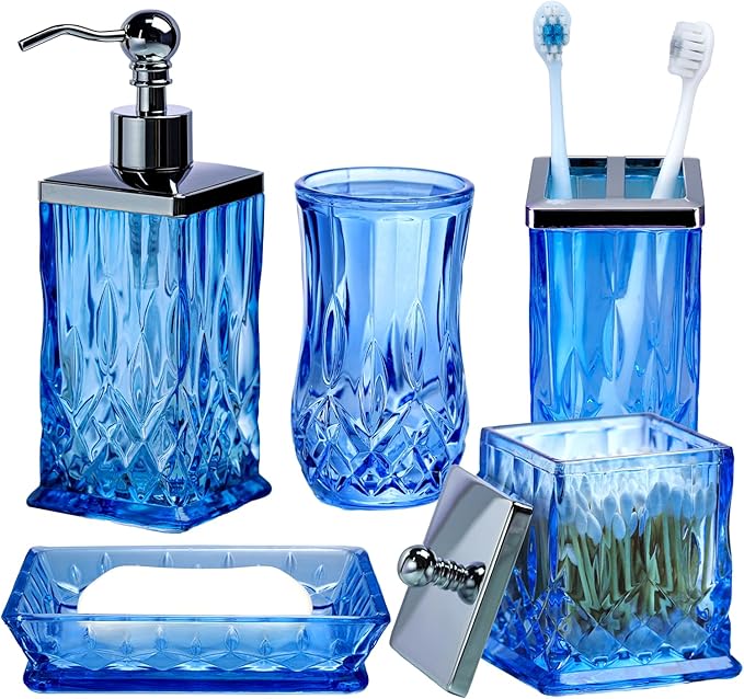 Bathroom Accessories Set,5 Pcs Blue Glass Bathroom Accessory Set,Complete Lotion Soap Dispenser, Toothbrush Holder,Soap Dish,Tumbler & Jar,Modern Bathroom Decor Sets,Gift for Home Apartment,Square