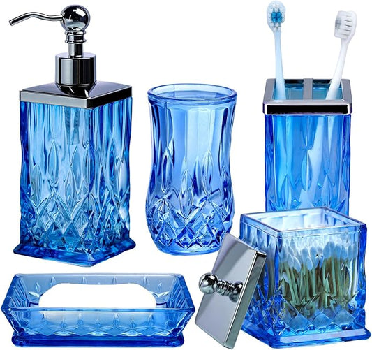 Bathroom Accessories Set,5 Pcs Blue Glass Bathroom Accessory Set,Complete Lotion Soap Dispenser, Toothbrush Holder,Soap Dish,Tumbler & Jar,Modern Bathroom Decor Sets,Gift for Home Apartment,Square