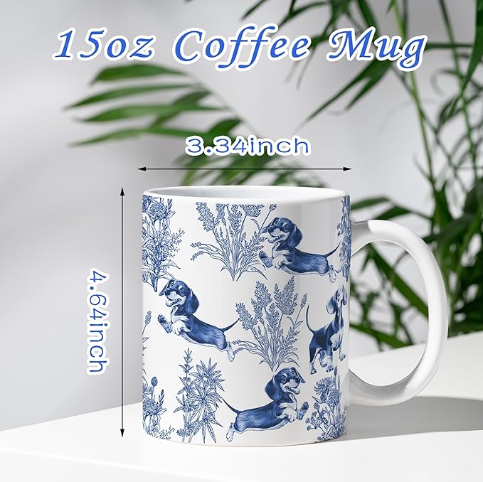 Dachshund Blue French Toile Coffee Mug, Dachshund Lover Gifts for Women, Blue Toile Coffee Cup for Weiner Mom, Dog Lovers Tea Coffee Mug Birthday Gifts for Sausage Dog Owners, 15 oz