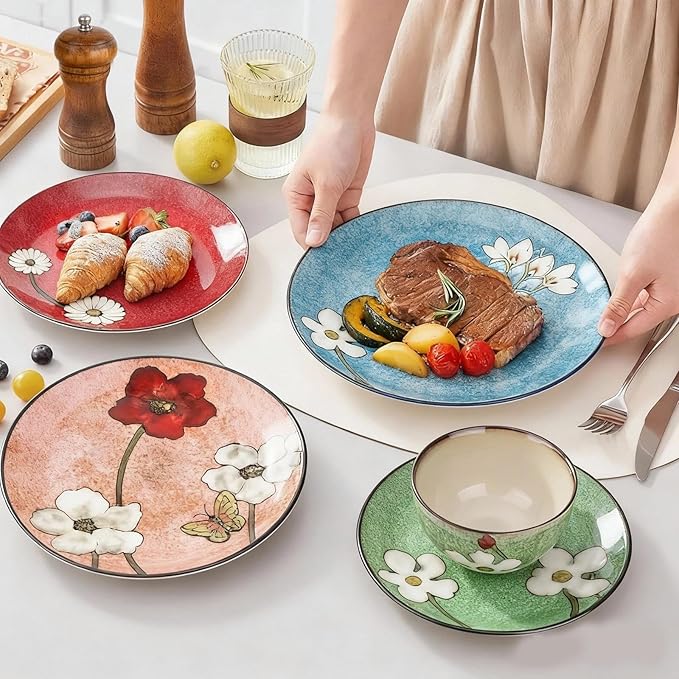 Stoneware 16-Piece Modern Dinnerware Set,Kitchen Plates Bowls and Mug Sets Serves 4,Dishwasher and Microwave Safe,4 colors (Service for 4(12Pcs))