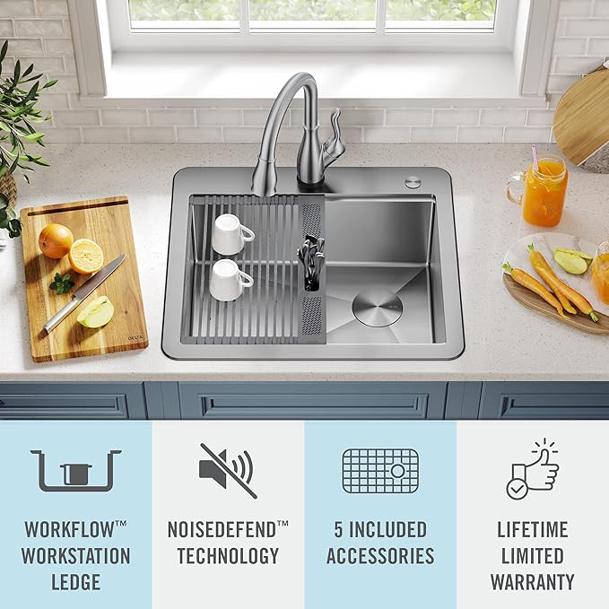 DELTA FAUCET 95A932-25S-SS Lorelai Workstation Kitchen Sink Drop-in Top Mount Stainless Steel Single Bowl with WorkFlow Ledge and Chef’s Kit of 5 Accessories