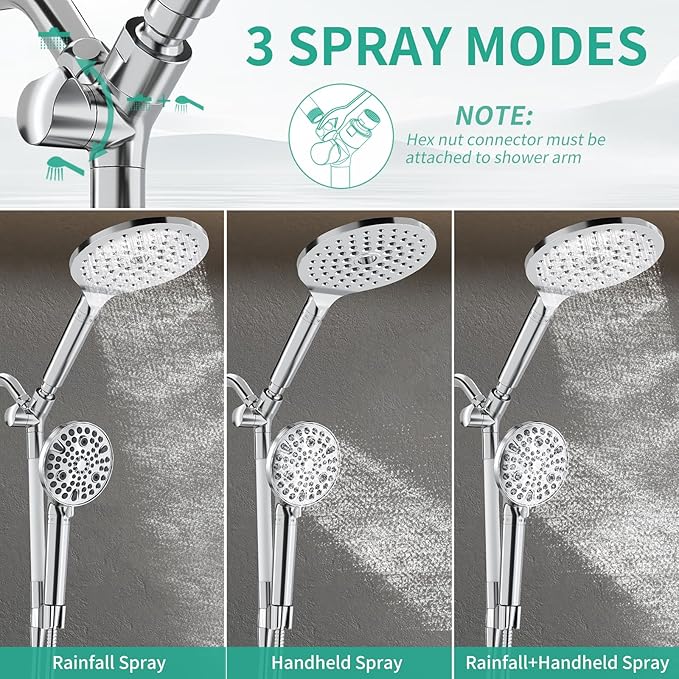 Filtered Rainfall Shower Head with Handheld Spray Combo, Dual Shower Head Combo High Pressure, Double Sprayer Filter Shower Head with Extra Long Hose & Adjustable Shower Arm (Chrome)