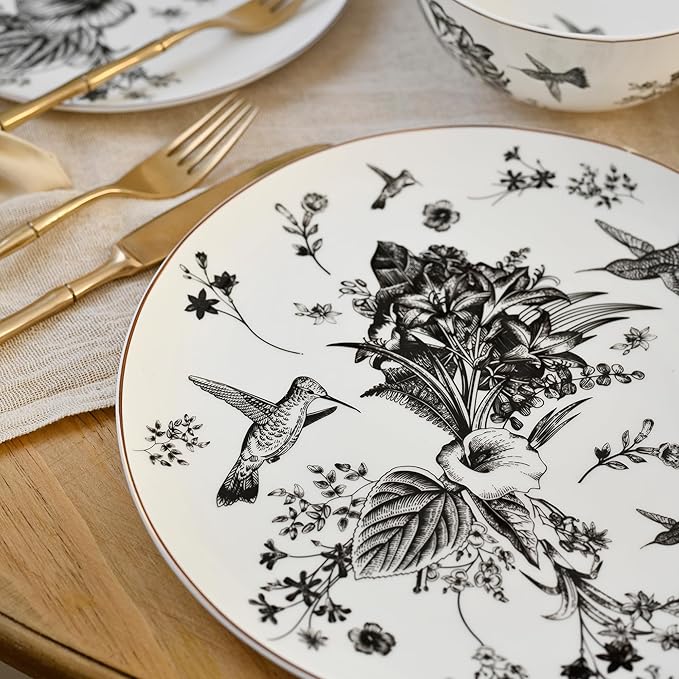 Botanic Plates and Bowls Sets Dishes Set for 4, Ceramic Plates and Bowls Set, Service for 4, Bone China Dinnerware Set Salad Dessert Plates, and Cereal Bowls Set, Microwave safe by KOKEN